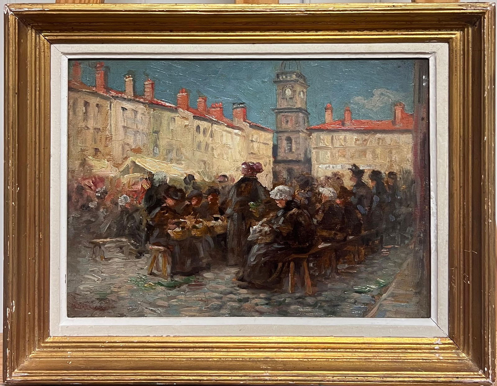 French School; The Market Square Aix En Provence, 1900's French Impressionist Bustling Figures, - 5