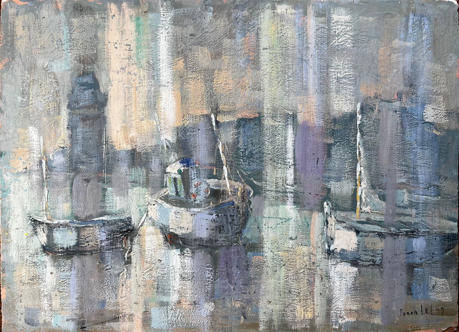 Fanch Lel; Fishing Boats in Saint Servan Harbour with Lighthouse by Fanch Lel 1999, 1999 - 12