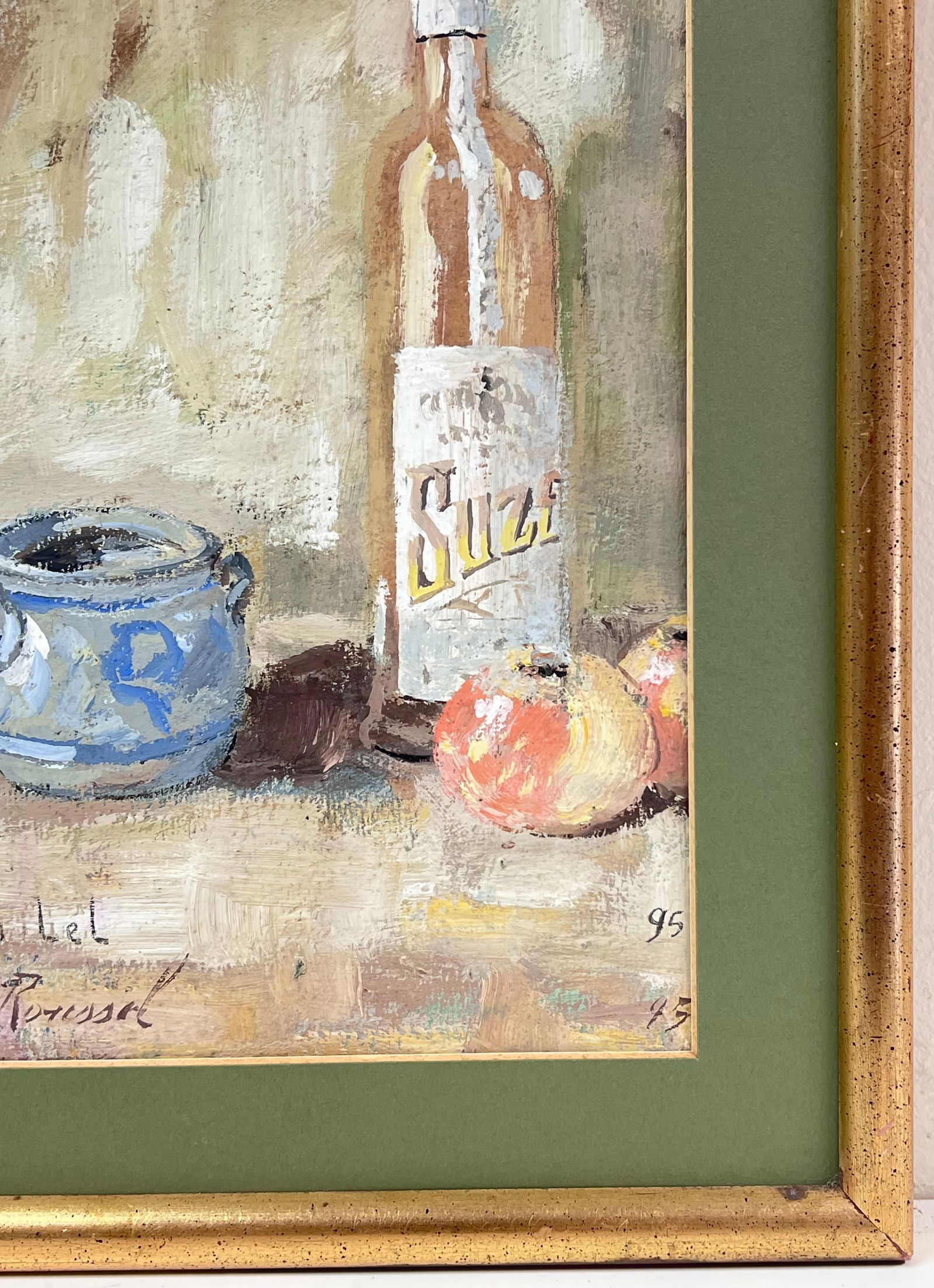 Fanch Lel; French Impressionist Interior Rose Wine + Apples Still Life Framed Painting - 7