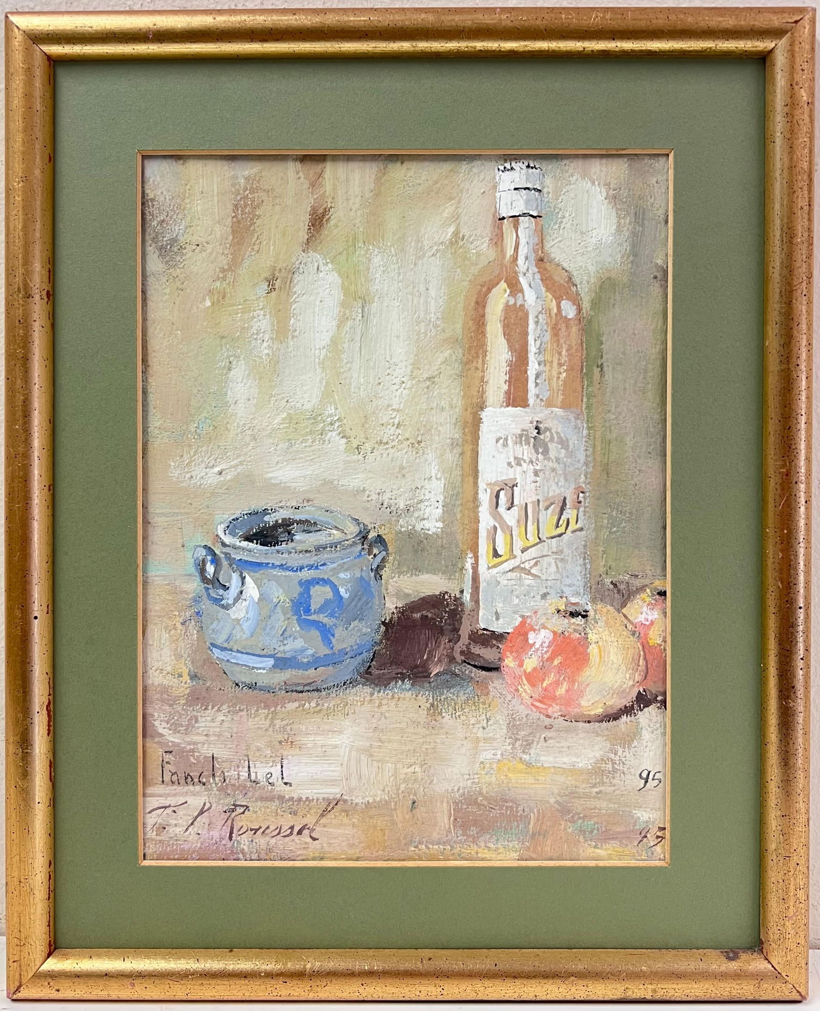 Fanch Lel; French Impressionist Interior Rose Wine + Apples Still Life Framed Painting - 4