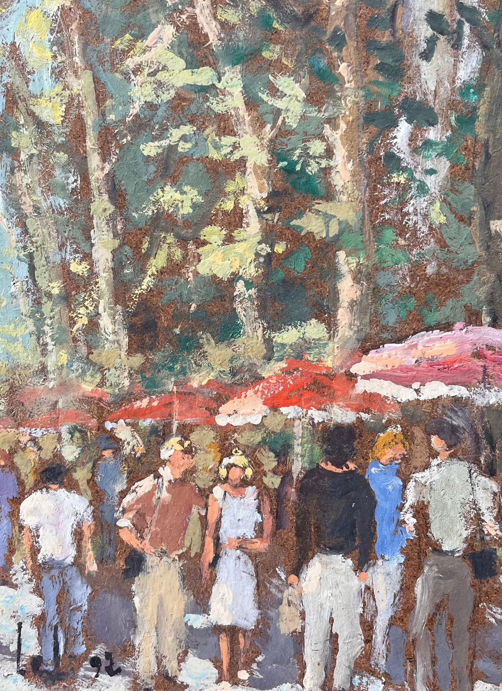 Fanch Lel; Impressionist Promenade Scene with Red Parasols in Aix en Provence, 1992 - 5