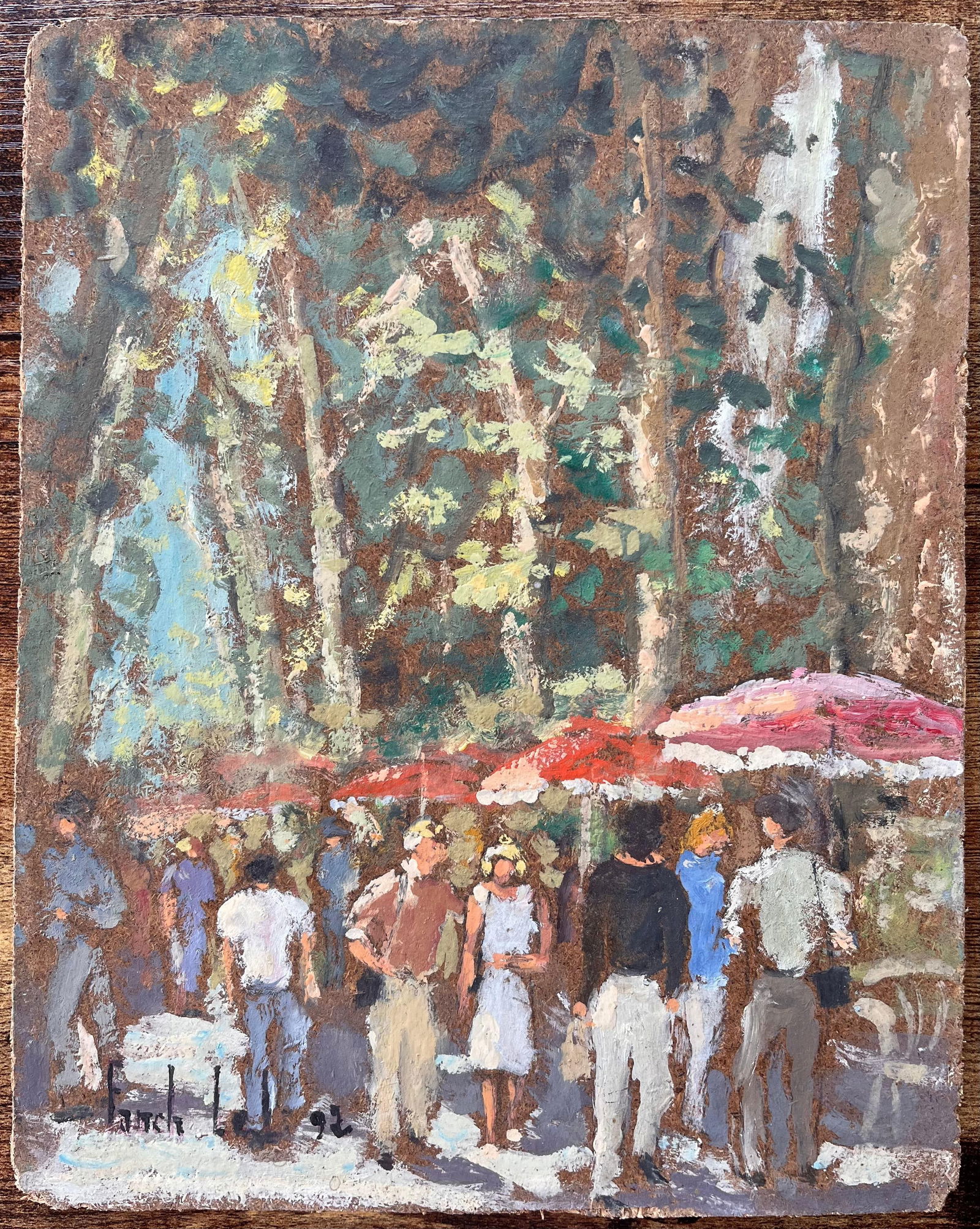 Fanch Lel; Impressionist Promenade Scene with Red Parasols in Aix en Provence, 1992 - 9