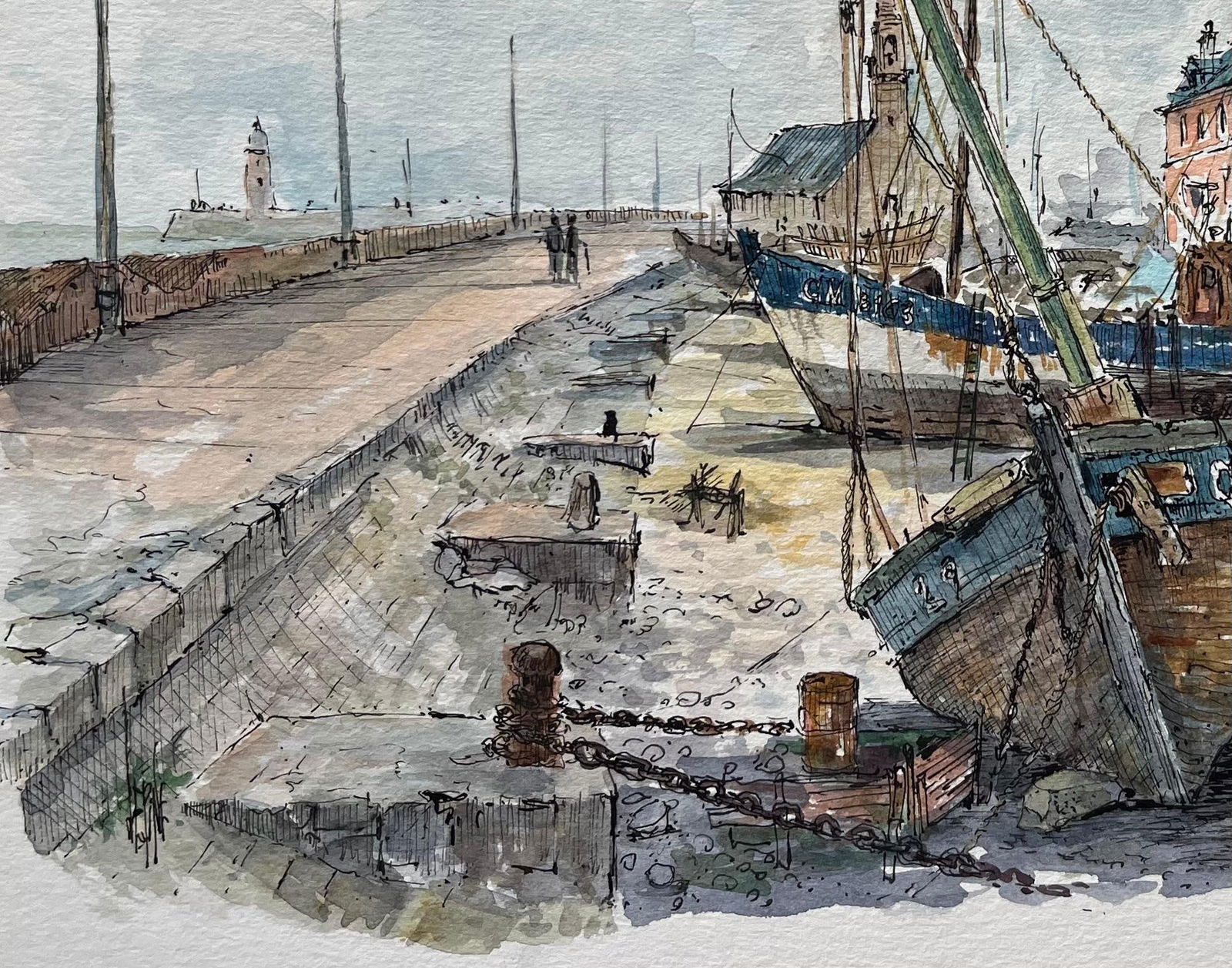 Robert Lepine (1929 - 2017); Watercolor of Beached Fishing Boats in Camaret Port of Camaret-sur-Mer, - 17