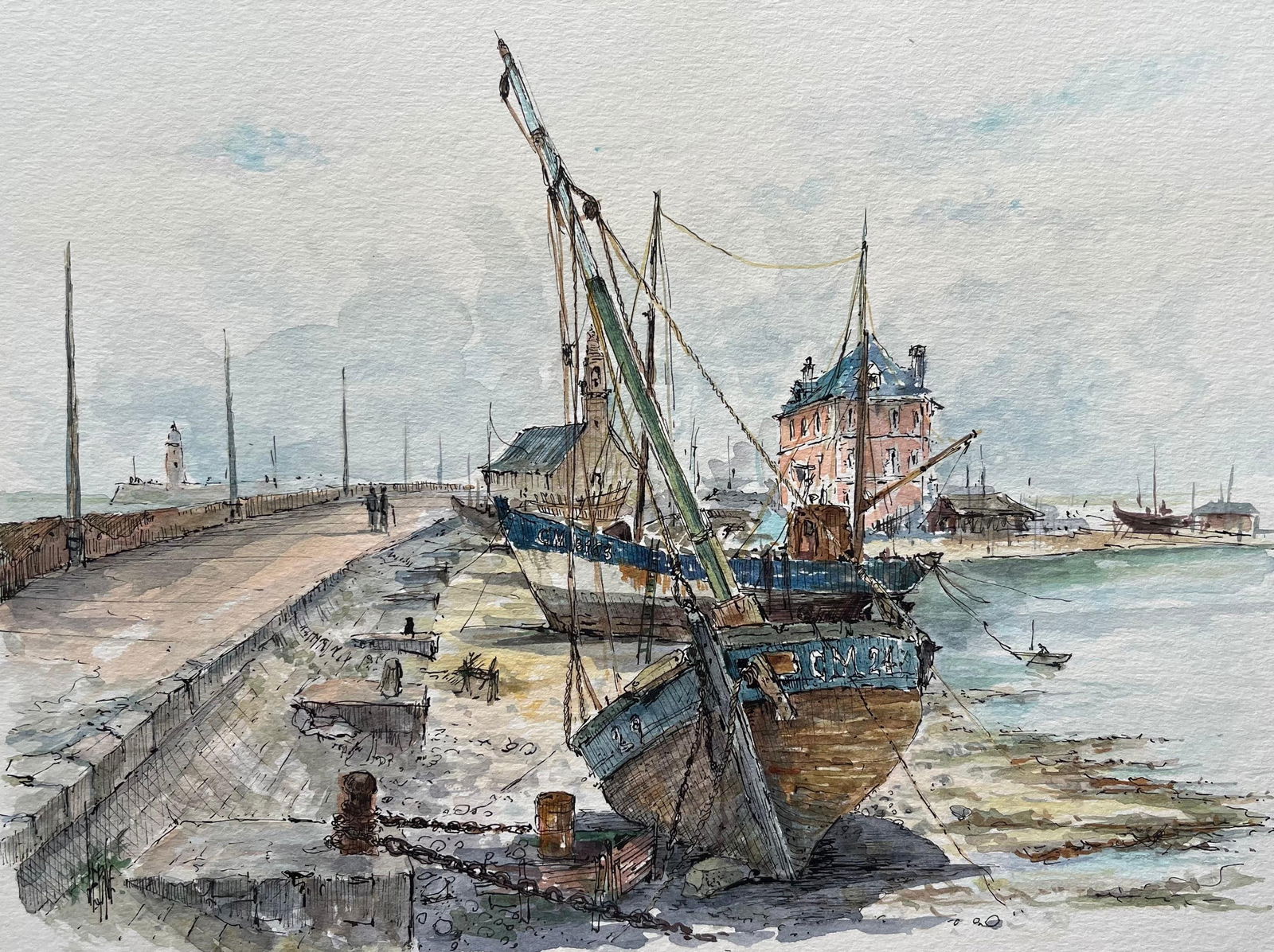 Robert Lepine (1929 - 2017); Watercolor of Beached Fishing Boats in Camaret Port of Camaret-sur-Mer,: Title: Robert Lepine (1929 - 2017); Watercolor of Beached Fishing Boats in Camaret Port of Camaret-sur-Mer, 20th century Description: Title: Provence Watercolor of Old Stone Houses and Archway in Bonn