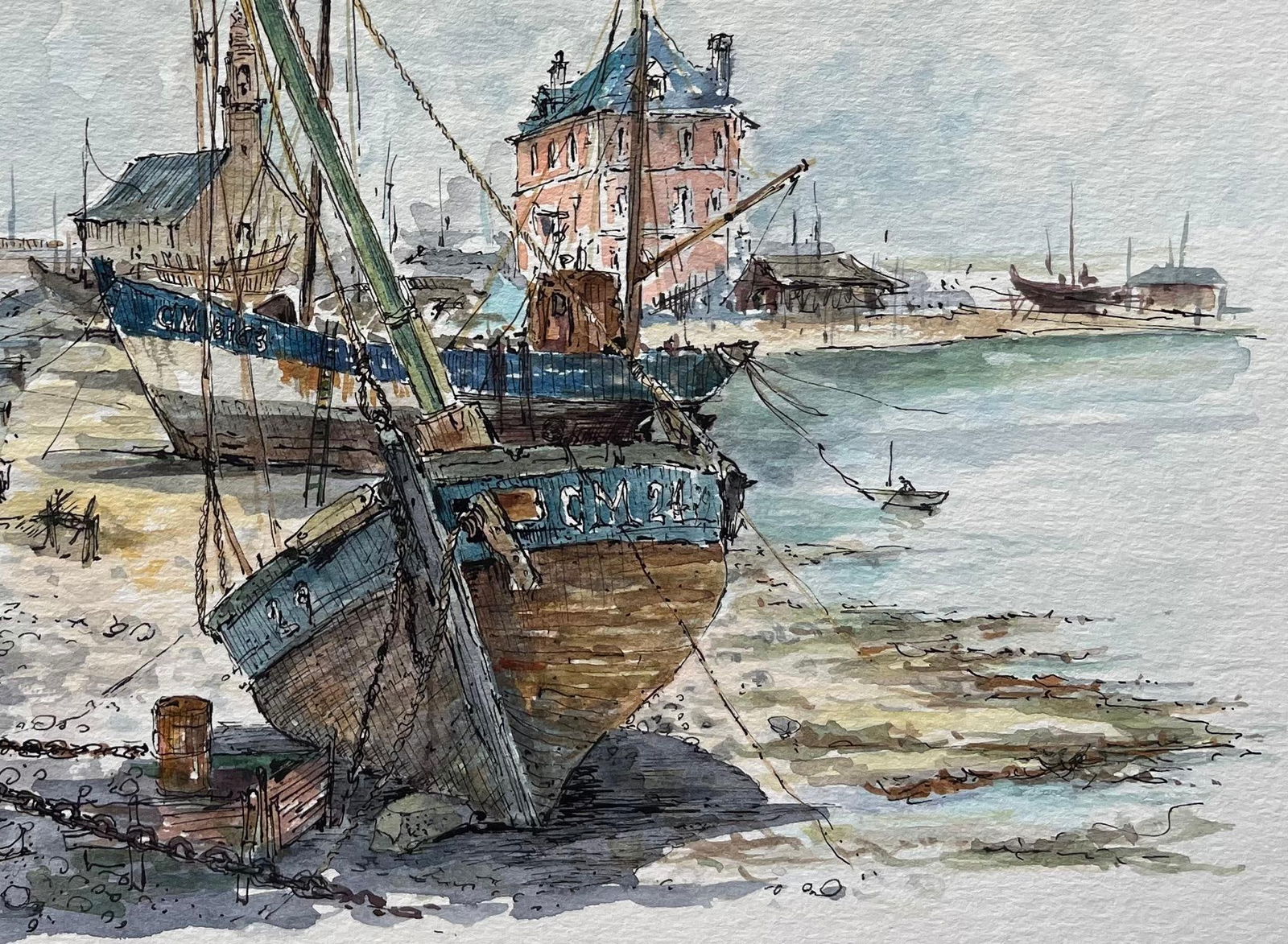 Robert Lepine (1929 - 2017); Watercolor of Beached Fishing Boats in Camaret Port of Camaret-sur-Mer, - 2