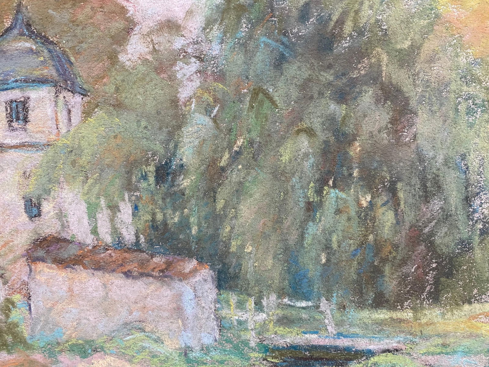 Fine French Impressionist Pastel, Countryside Village Lane River and Trees, circa 1947 - 7