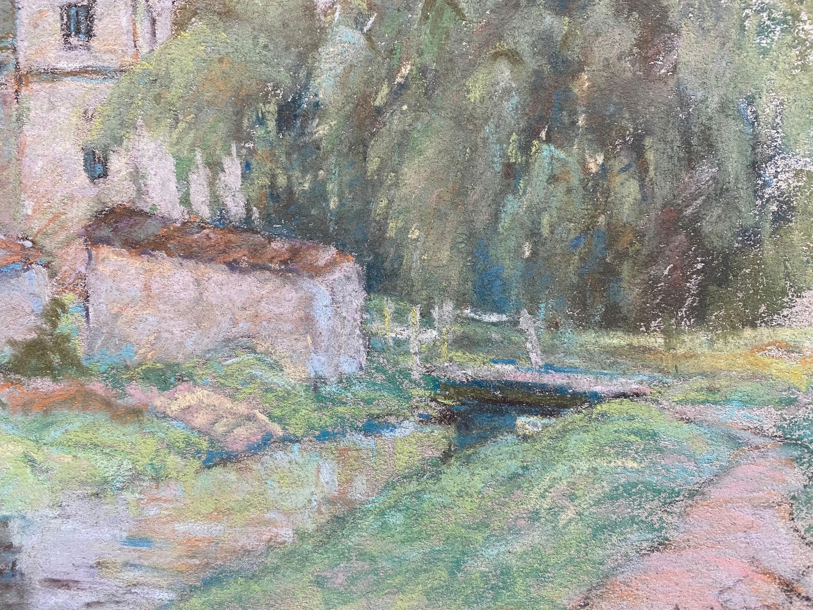Fine French Impressionist Pastel, Countryside Village Lane River and Trees, circa 1947 - 8