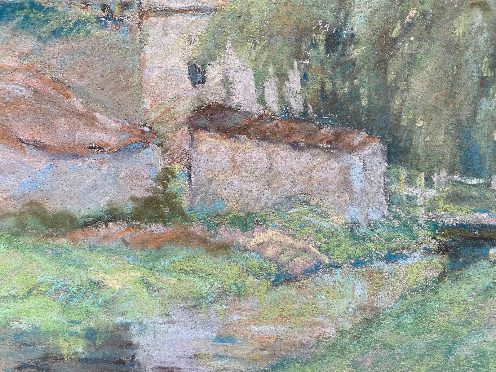 Fine French Impressionist Pastel, Countryside Village Lane River and Trees, circa 1947 - 9