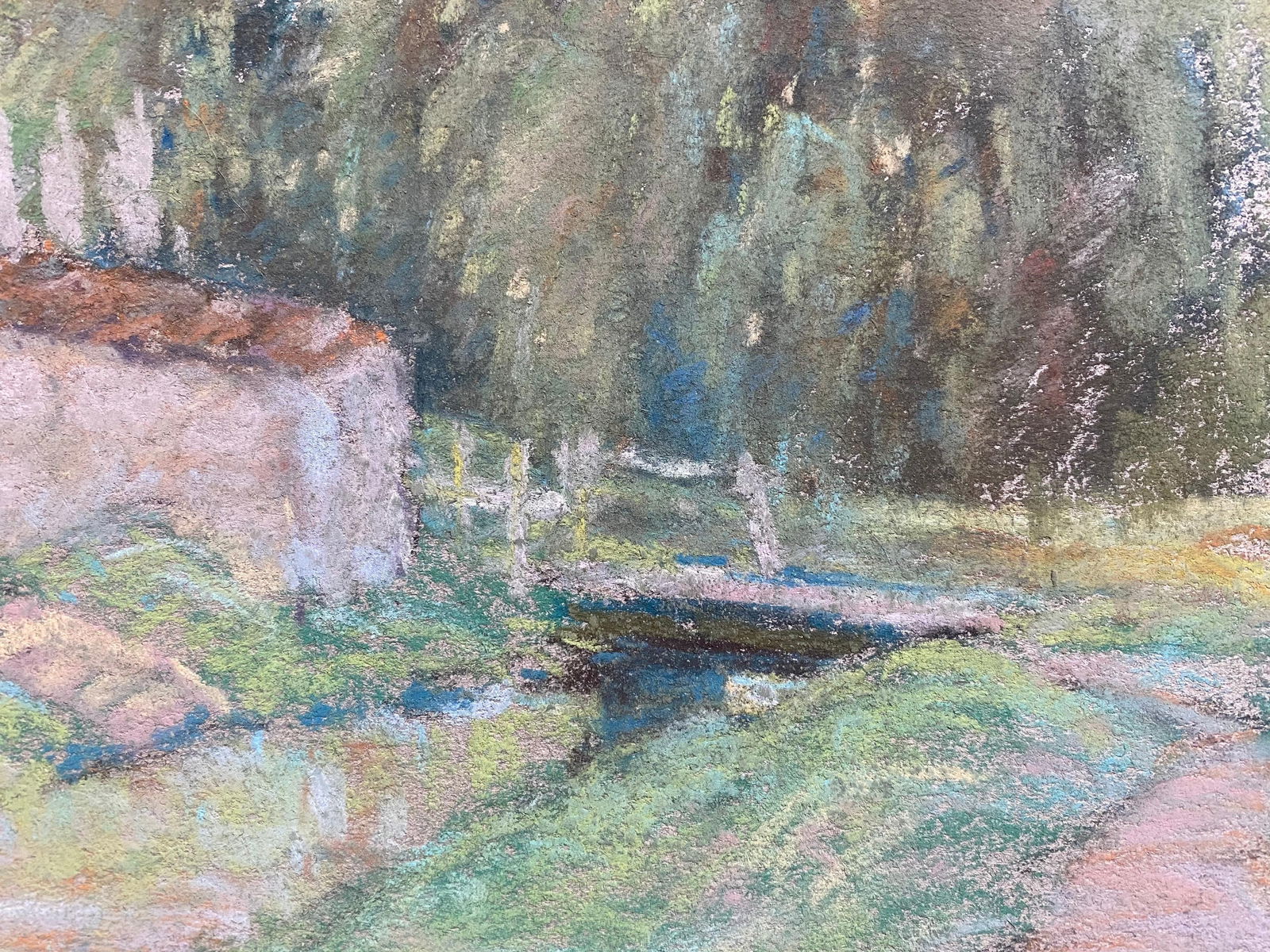 Fine French Impressionist Pastel, Countryside Village Lane River and Trees, circa 1947 - 10