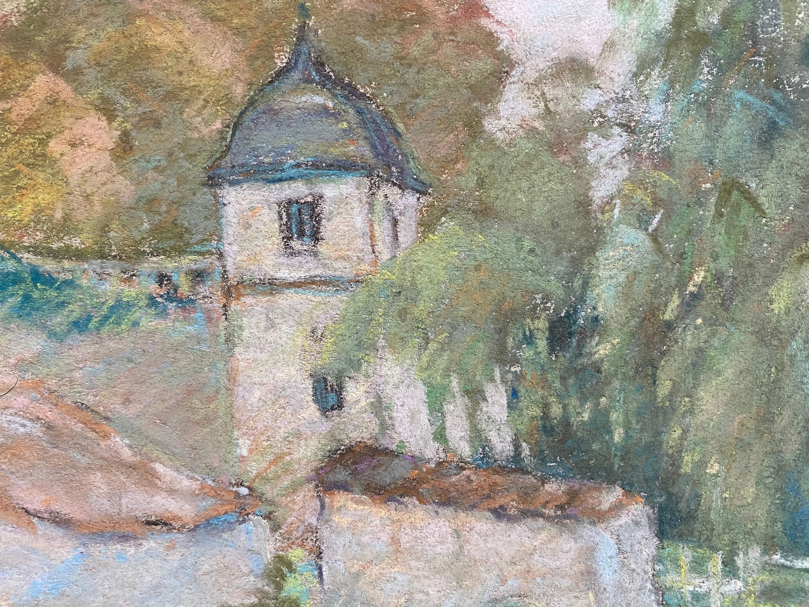 Fine French Impressionist Pastel, Countryside Village Lane River and Trees, circa 1947 - 11