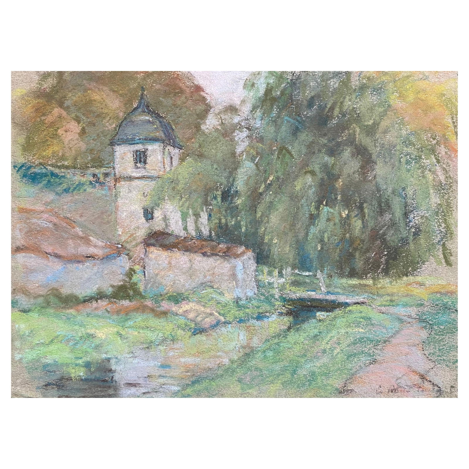 Fine French Impressionist Pastel, Countryside Village Lane River and Trees, circa 1947 - 13