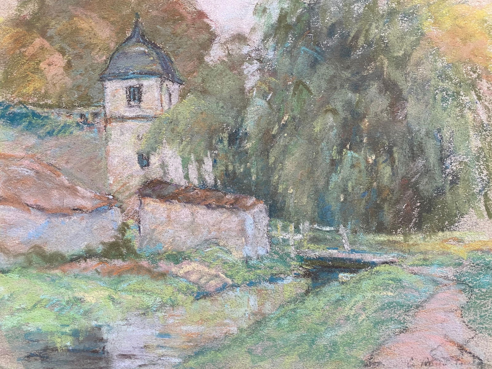 Fine French Impressionist Pastel, Countryside Village Lane River and Trees, circa 1947 - 5
