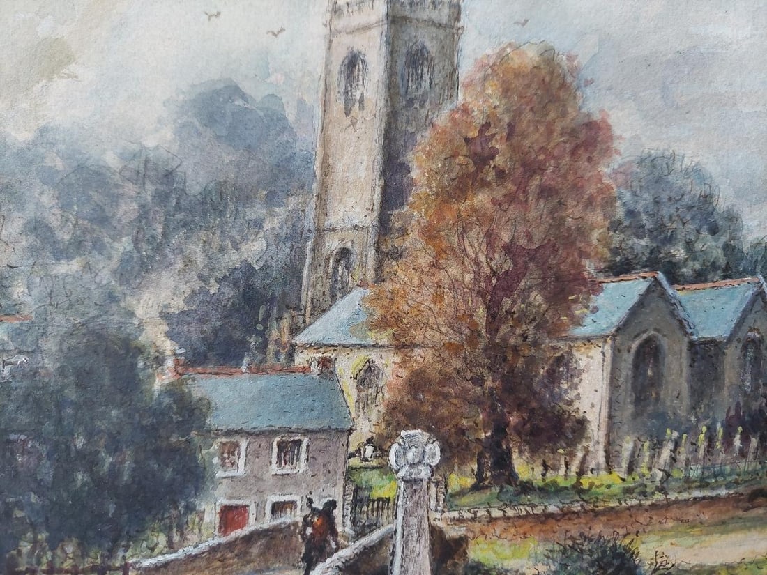 English School; Traditional English Painting Church and Figures at Altarnun, Cornish School, 20th - 12