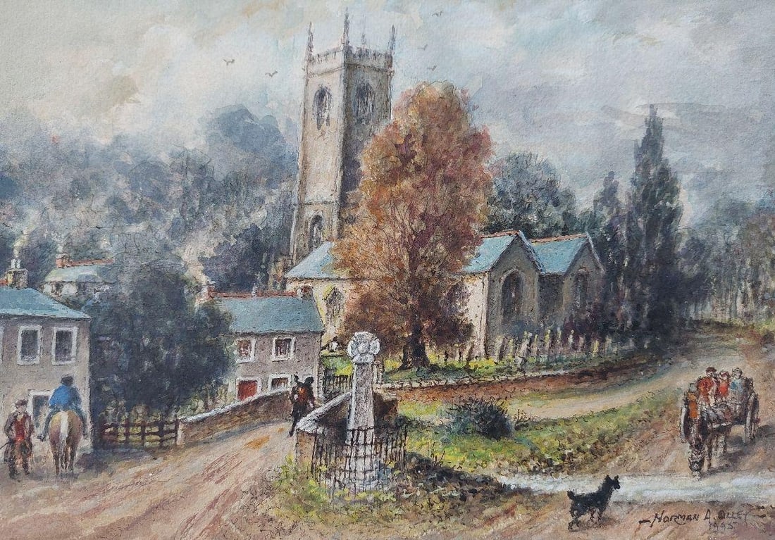 English School; Traditional English Painting Church and Figures at Altarnun, Cornish School, 20th - 14