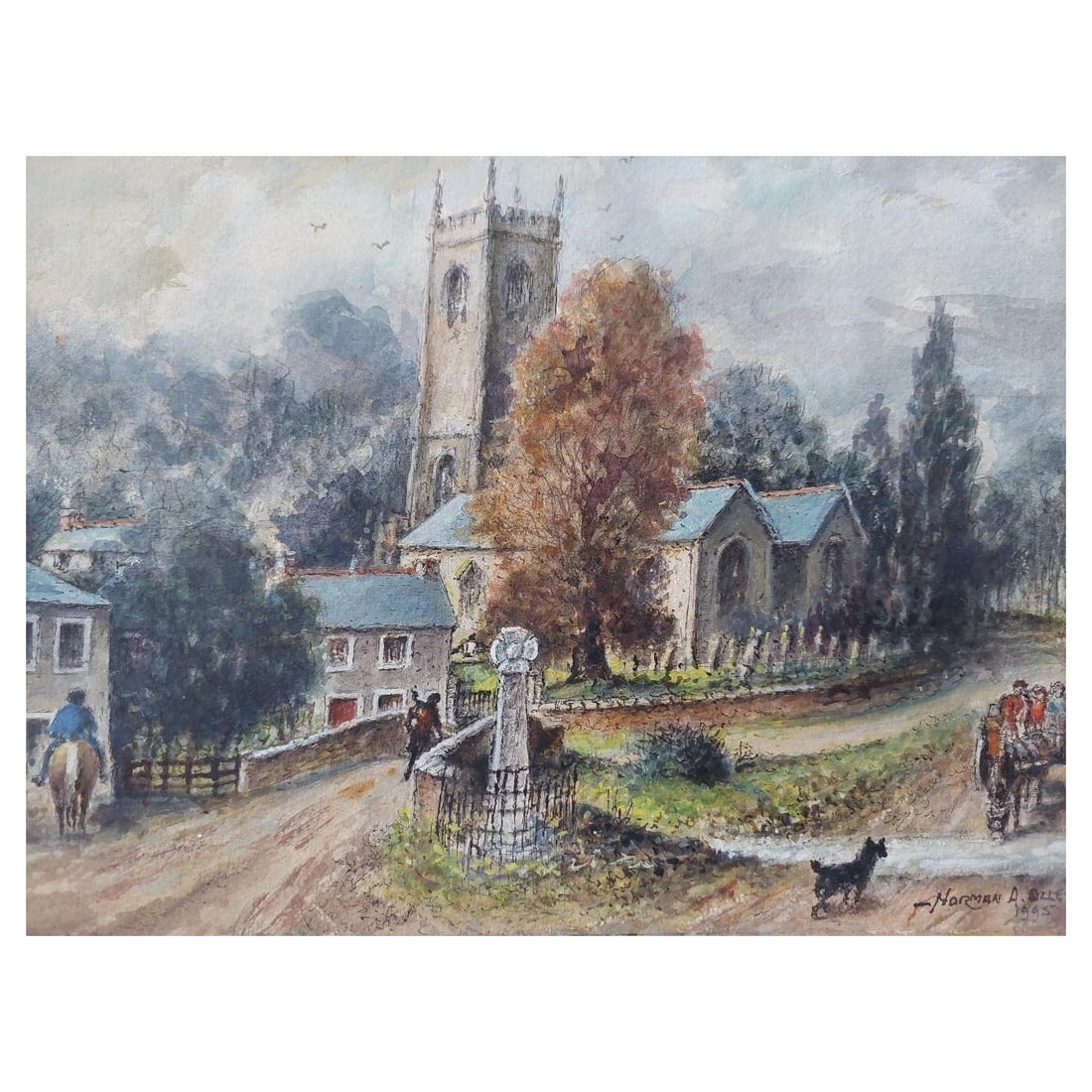 English School; Traditional English Painting Church and Figures at Altarnun, Cornish School, 20th: Title: English School; Traditional English Painting Church and Figures at Altarnun, Cornish School, 20th Century Description: Maggy Clarysse (1931-2011) oil on canvas, unframed 16 x 20 inches signed f