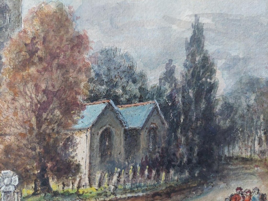 English School; Traditional English Painting Church and Figures at Altarnun, Cornish School, 20th - 20