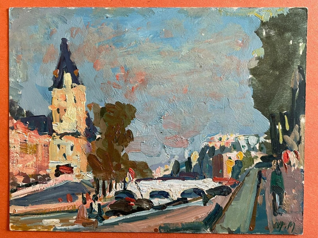 Maurice Mazeilie, French Impressionist Signed Oil, Paris View River Seine, 20th Century - 3