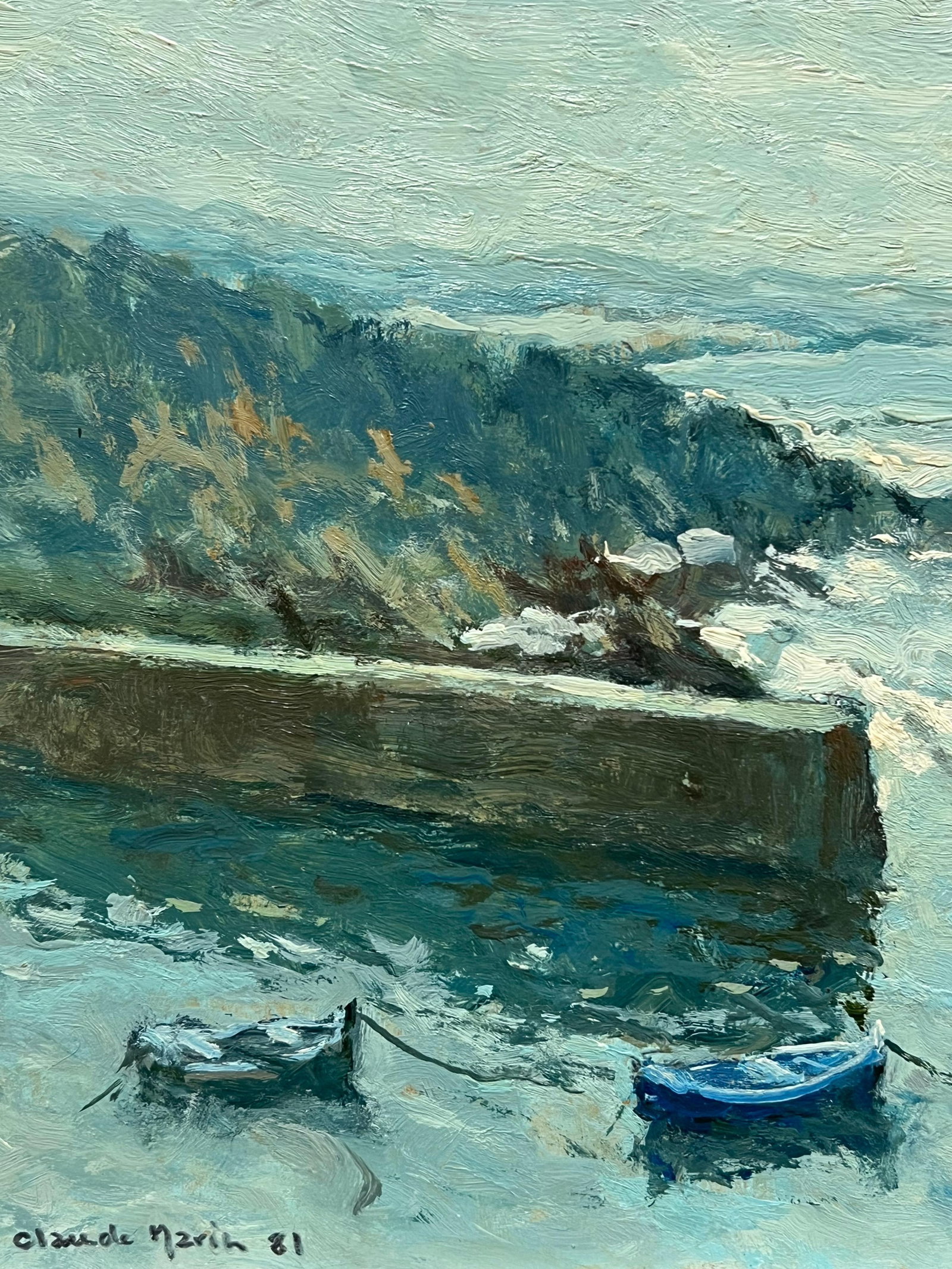 Claude Marin; Brittany Coastline Boats Moored at Sea Signed 20th Cent French Impressionist Oil, 1981 - 16