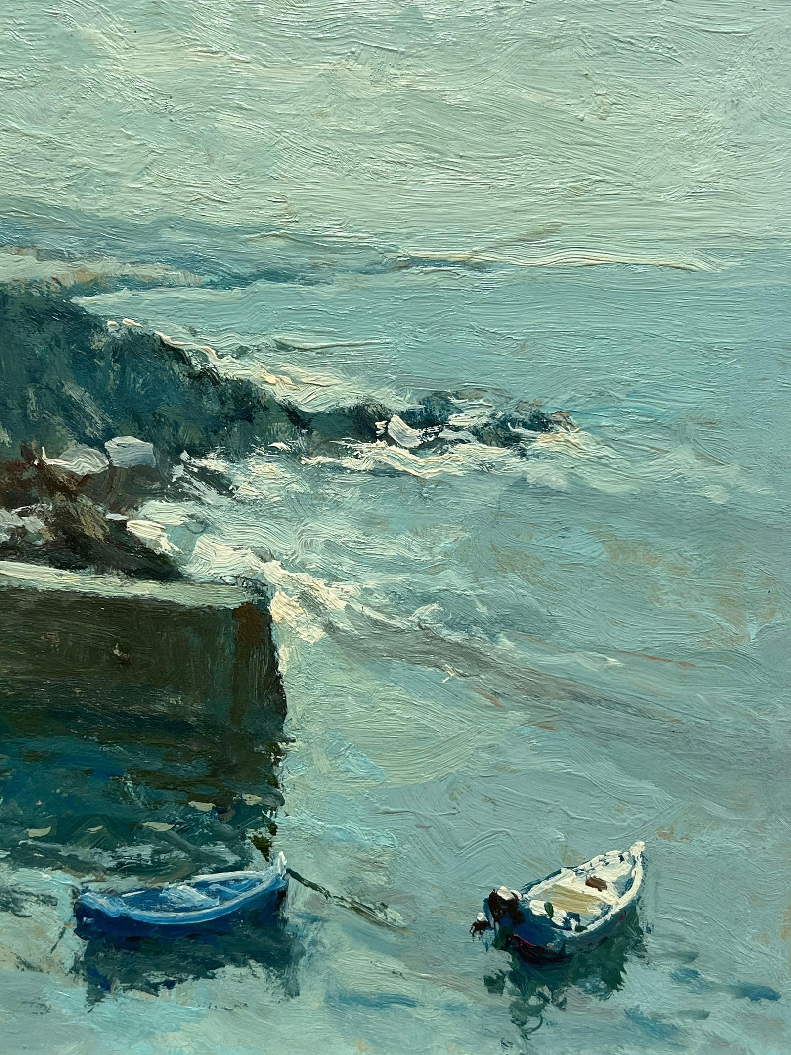 Claude Marin; Brittany Coastline Boats Moored at Sea Signed 20th Cent French Impressionist Oil, 1981 - 3