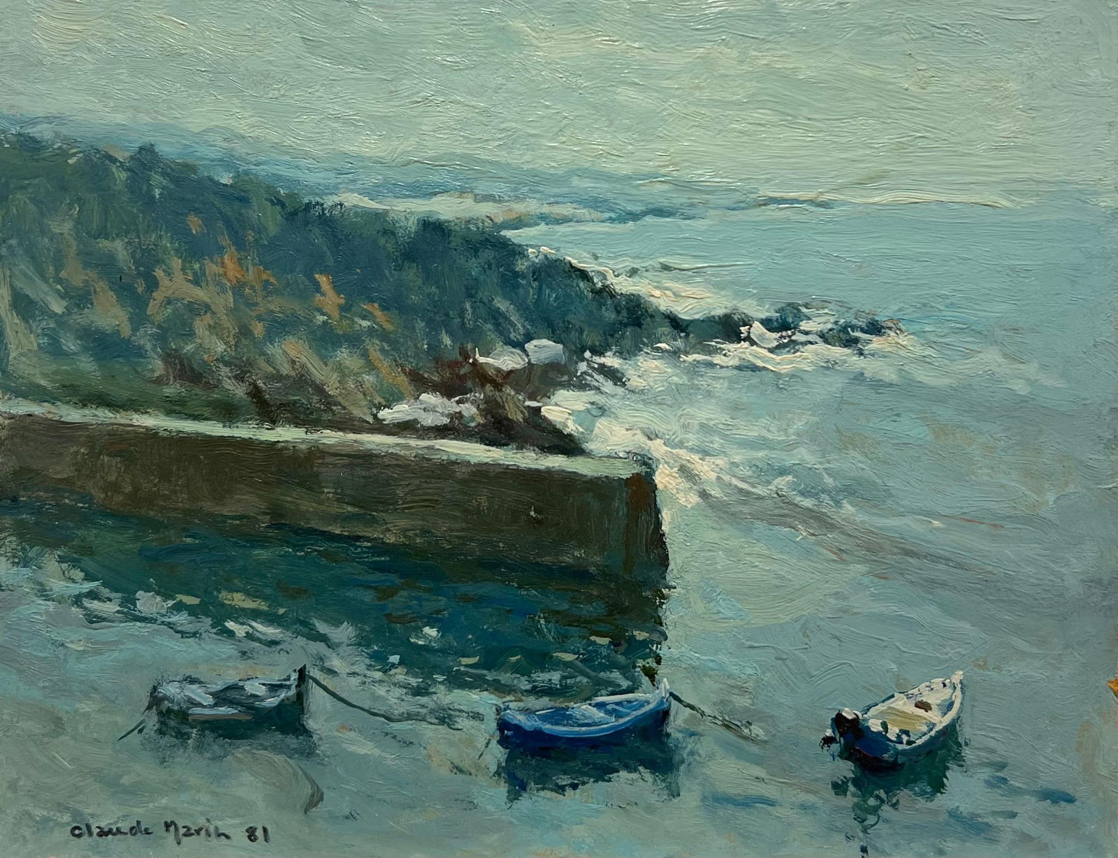 Claude Marin; Brittany Coastline Boats Moored at Sea Signed 20th Cent French Impressionist Oil, 1981 - 7