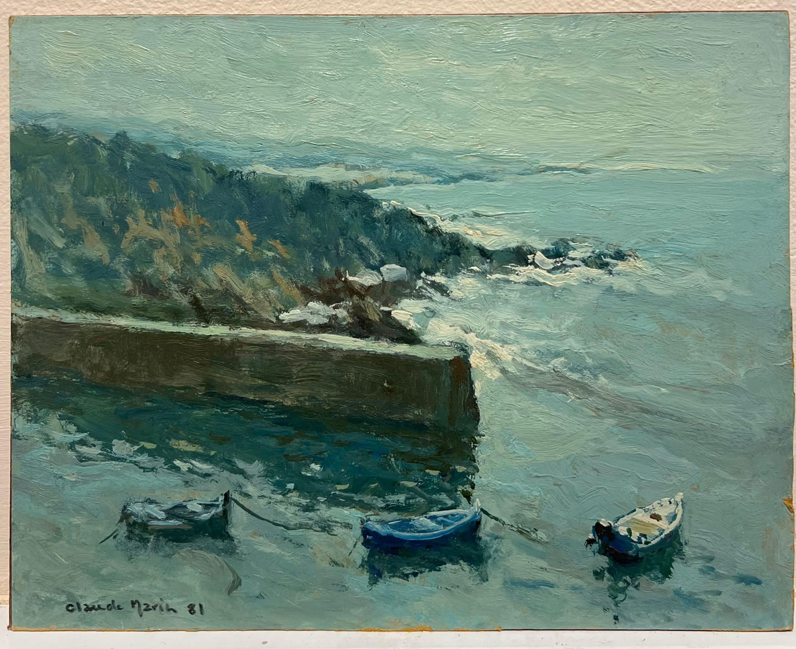 Claude Marin; Brittany Coastline Boats Moored at Sea Signed 20th Cent French Impressionist Oil, 1981 - 8