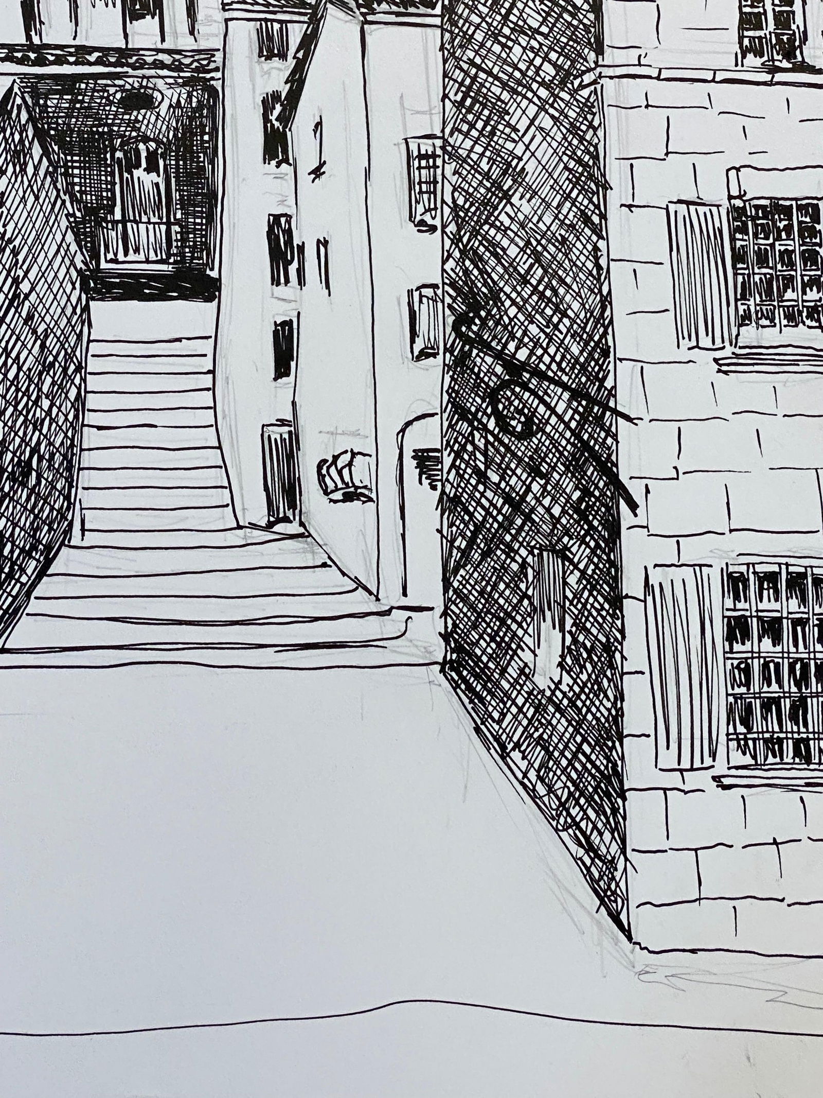 1950's French Modernist/ Cubist Drawing, Black & White Steps to the French Town, 1950 - 10