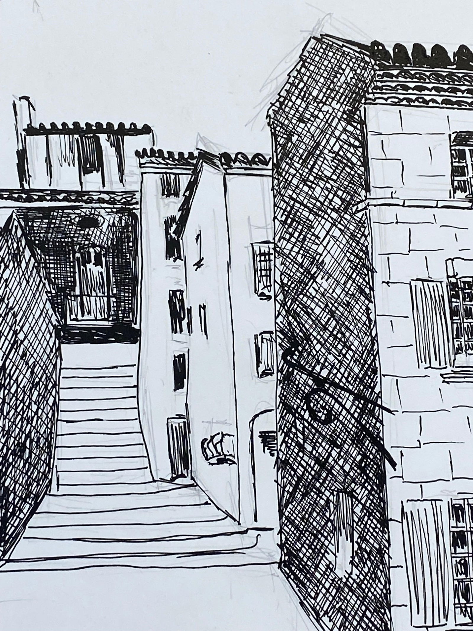 1950's French Modernist/ Cubist Drawing, Black & White Steps to the French Town, 1950 - 8