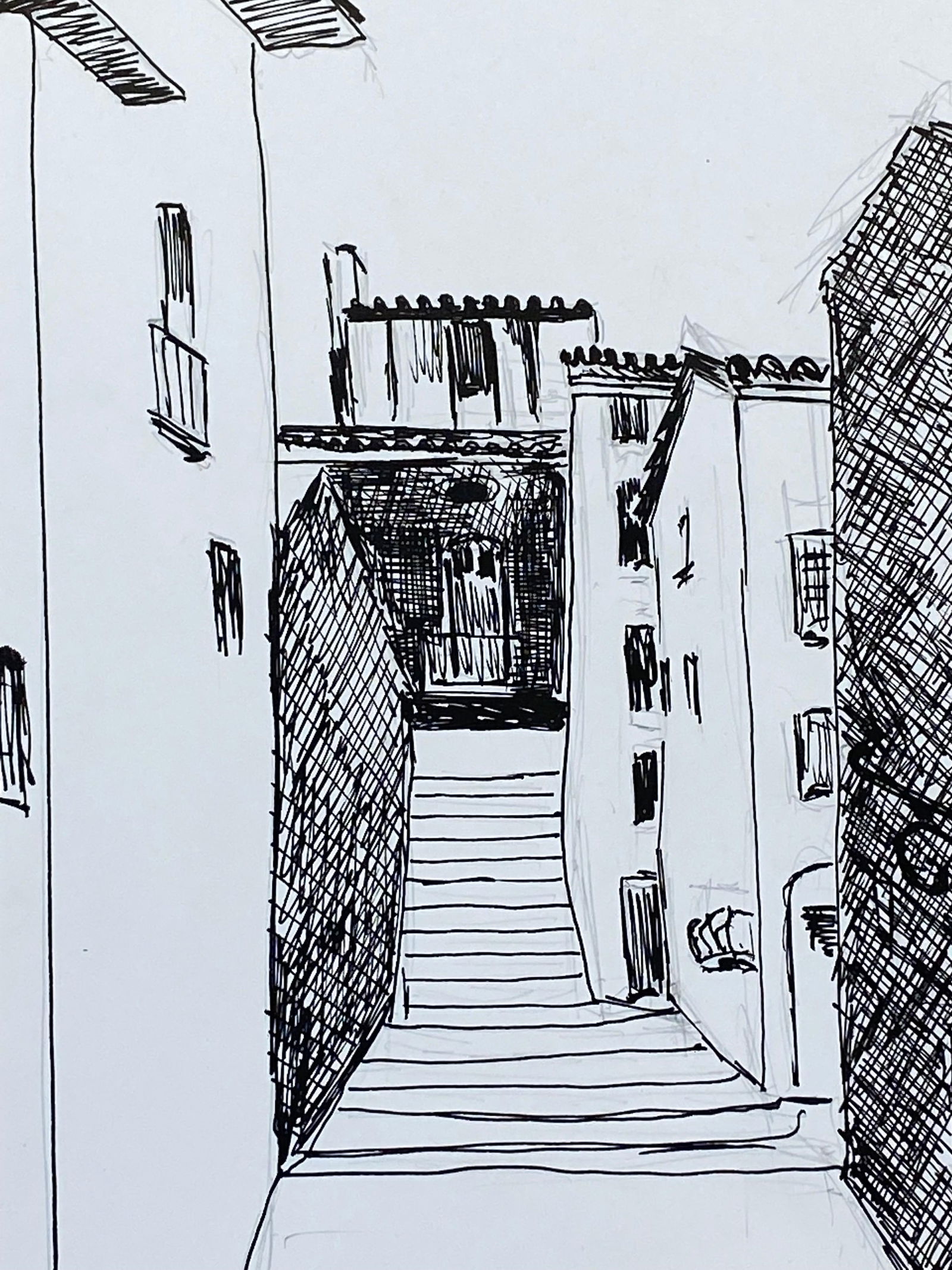 1950's French Modernist/ Cubist Drawing, Black & White Steps to the French Town, 1950 - 9