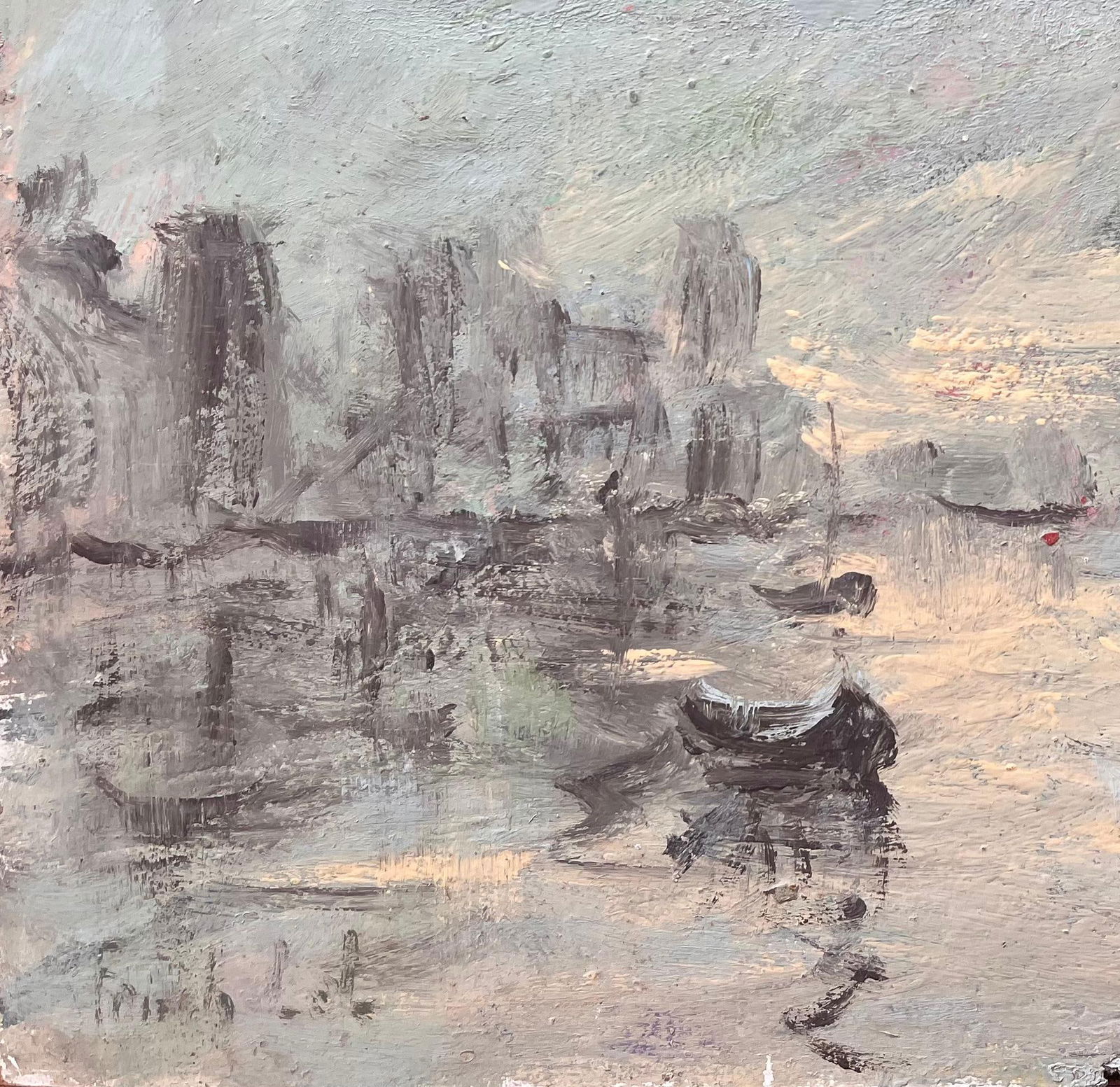 Fanch Lel; Moody Monochrome Harbor Scene with Reflections and Fishing Boats - 7