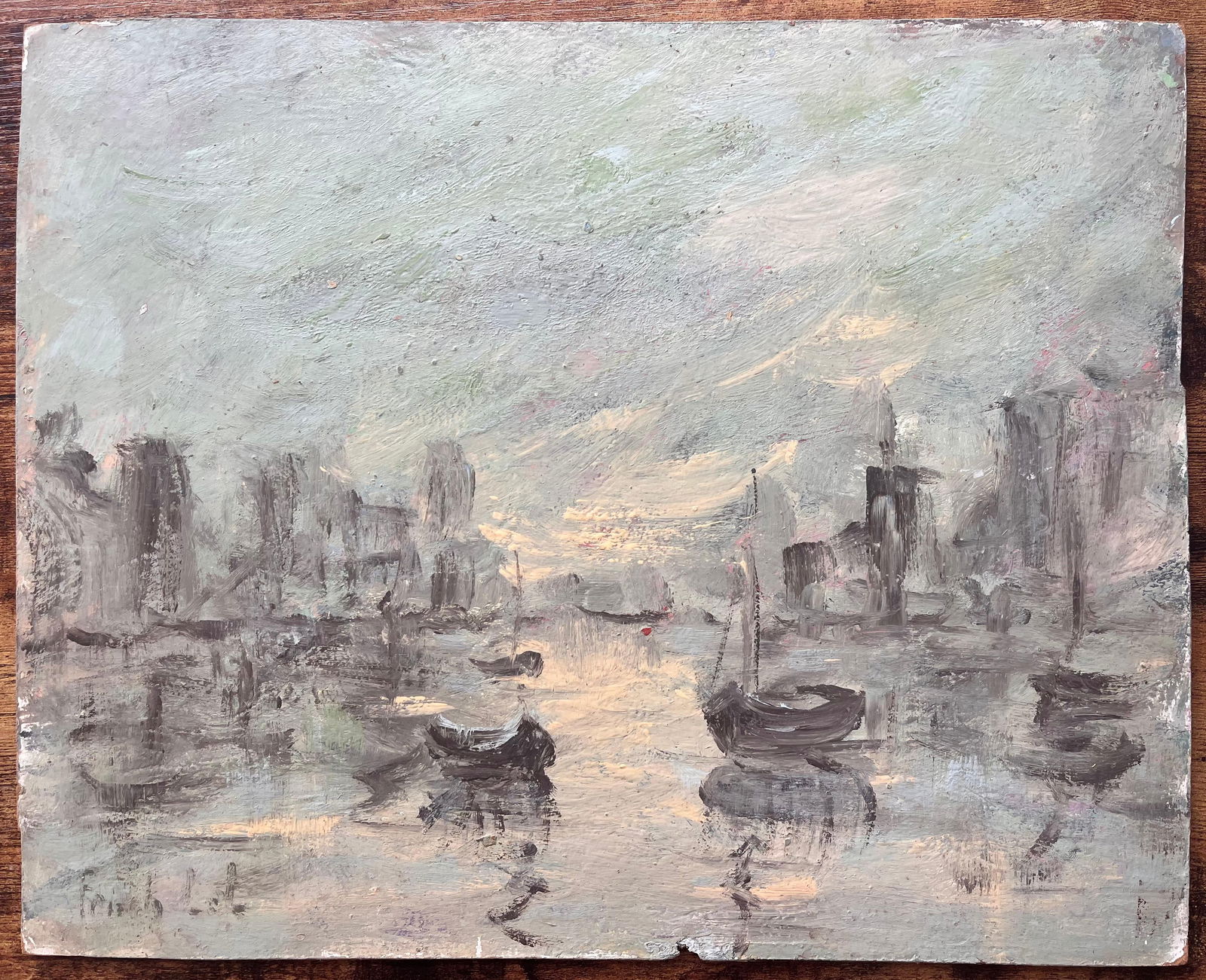 Fanch Lel; Moody Monochrome Harbor Scene with Reflections and Fishing Boats - 13