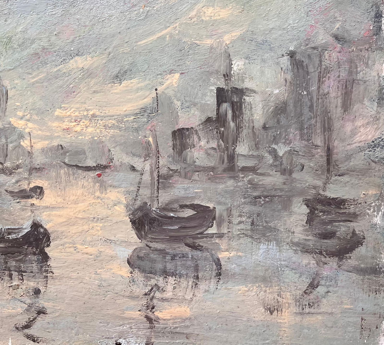 Fanch Lel; Moody Monochrome Harbor Scene with Reflections and Fishing Boats - 14