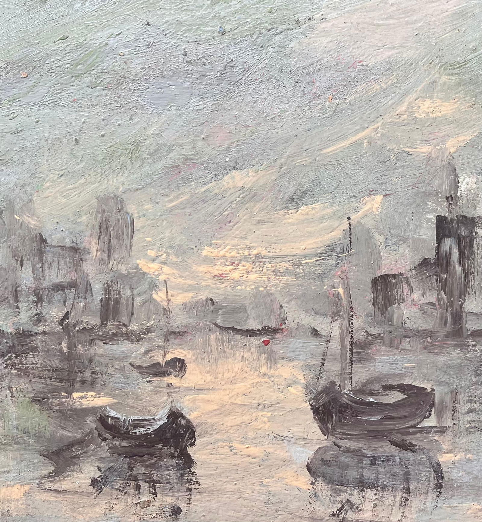 Fanch Lel; Moody Monochrome Harbor Scene with Reflections and Fishing Boats - 2