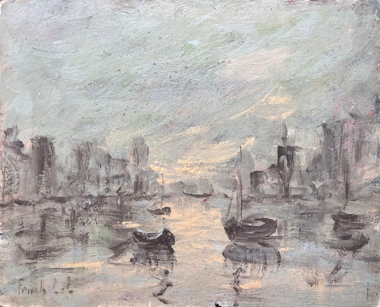 Fanch Lel; Moody Monochrome Harbor Scene with Reflections and Fishing Boats - 4