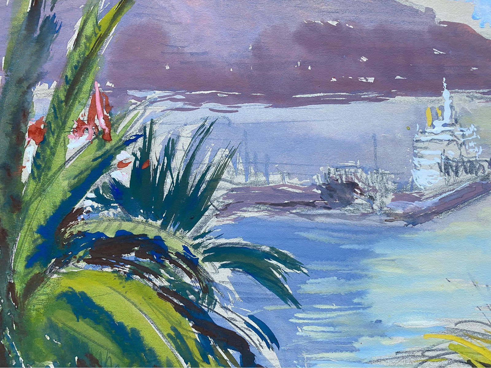 Mid 20th C. Irish Artist Watercolor Painting of Exotic Harbour in Spain, circa 1950s - 9