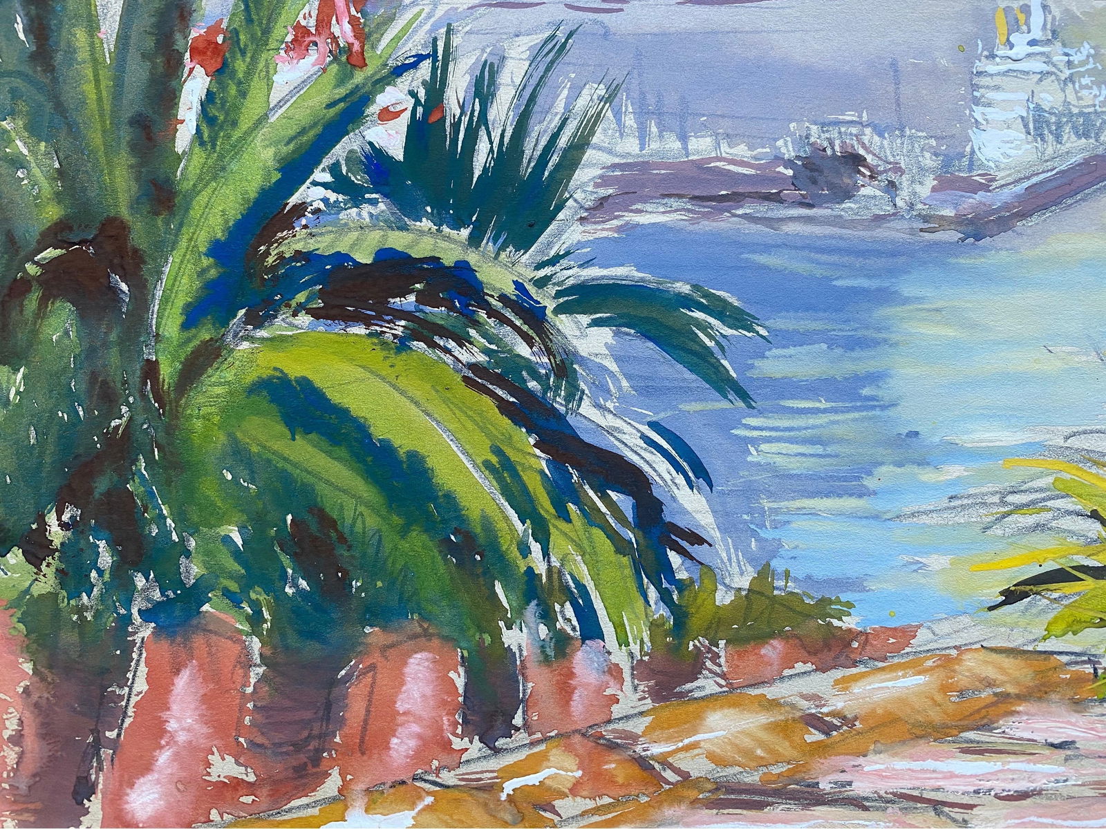 Mid 20th C. Irish Artist Watercolor Painting of Exotic Harbour in Spain, circa 1950s - 10