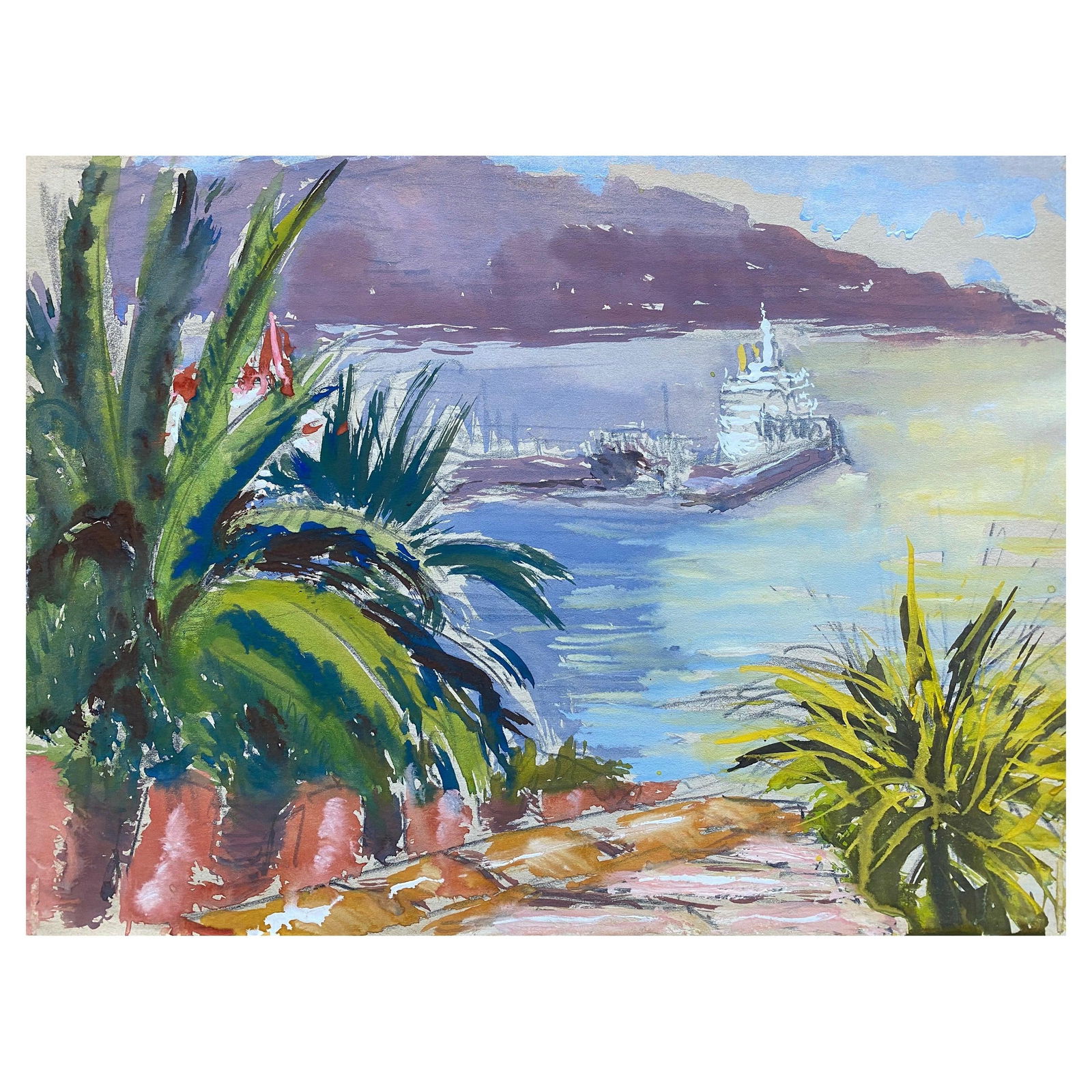 Mid 20th C. Irish Artist Watercolor Painting of Exotic Harbour in Spain, circa 1950s - 4