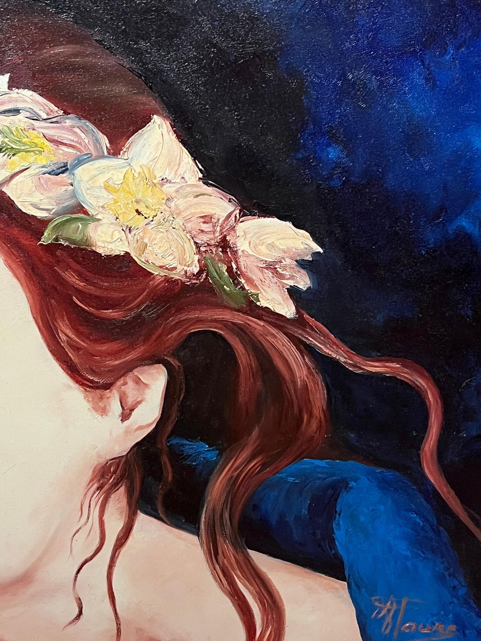 Annie Faure; Portrait Of A Blue Eyed Girl In Flower Crown 20th Century French Oil Painting - 7