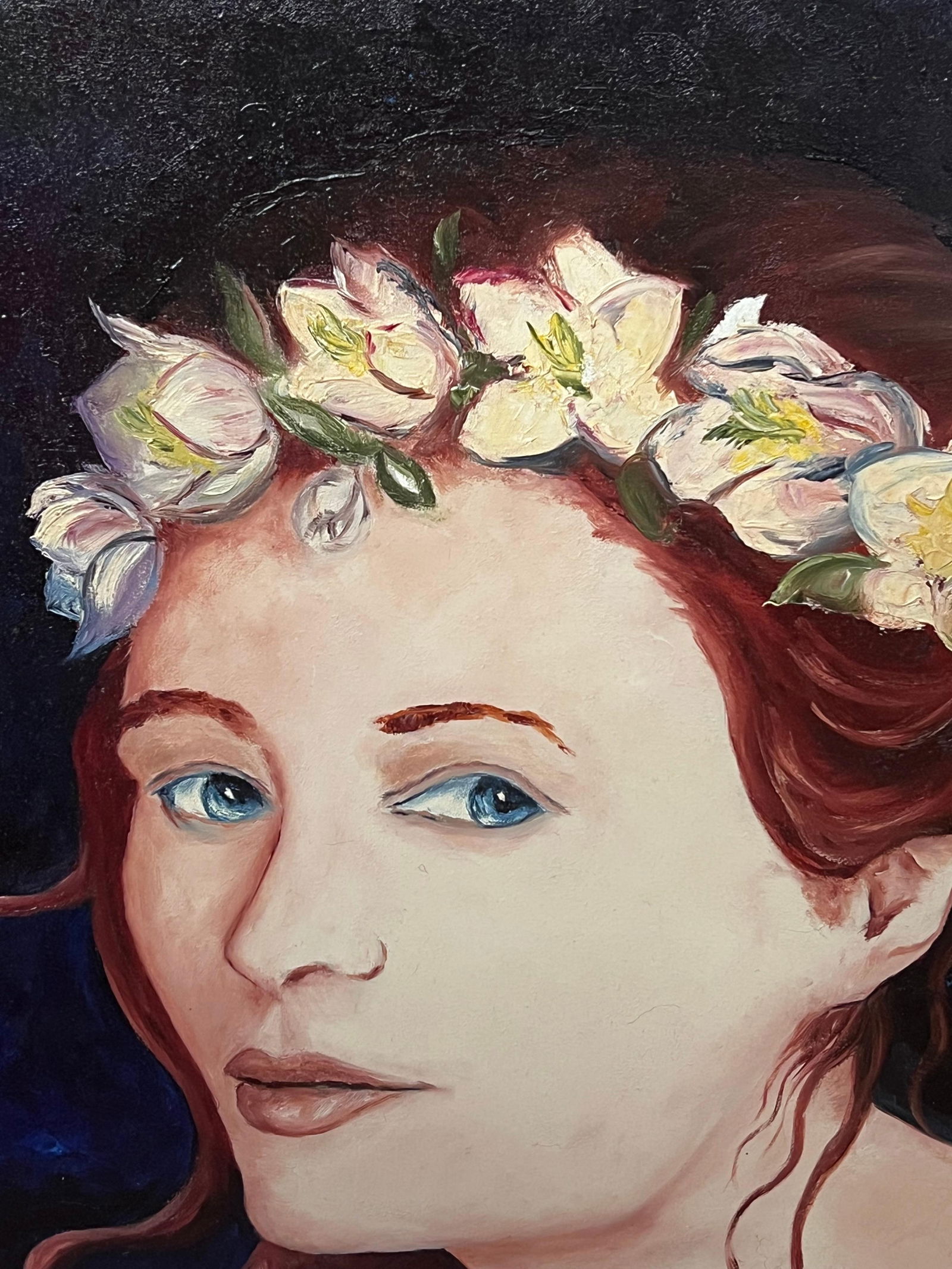Annie Faure; Portrait Of A Blue Eyed Girl In Flower Crown 20th Century French Oil Painting - 14