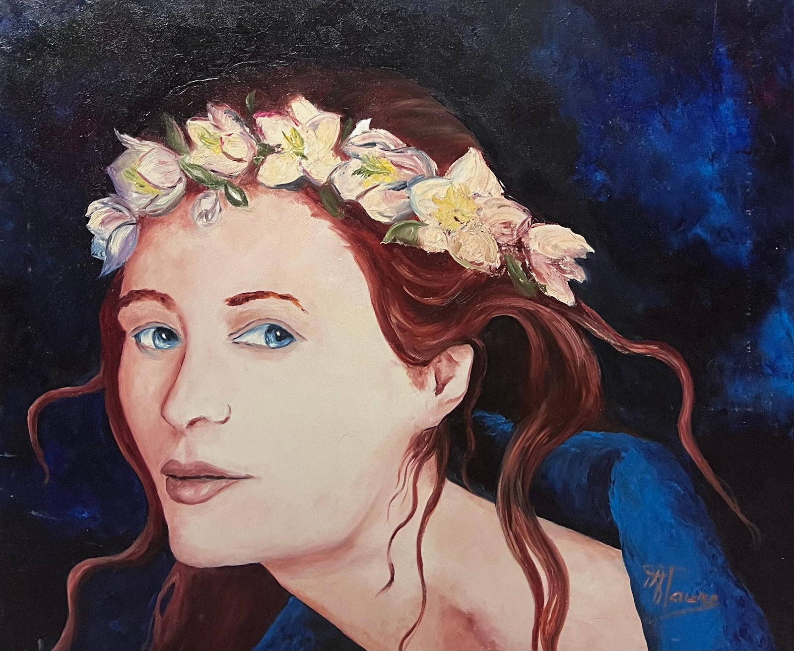 Annie Faure; Portrait Of A Blue Eyed Girl In Flower Crown 20th Century French Oil Painting - 4