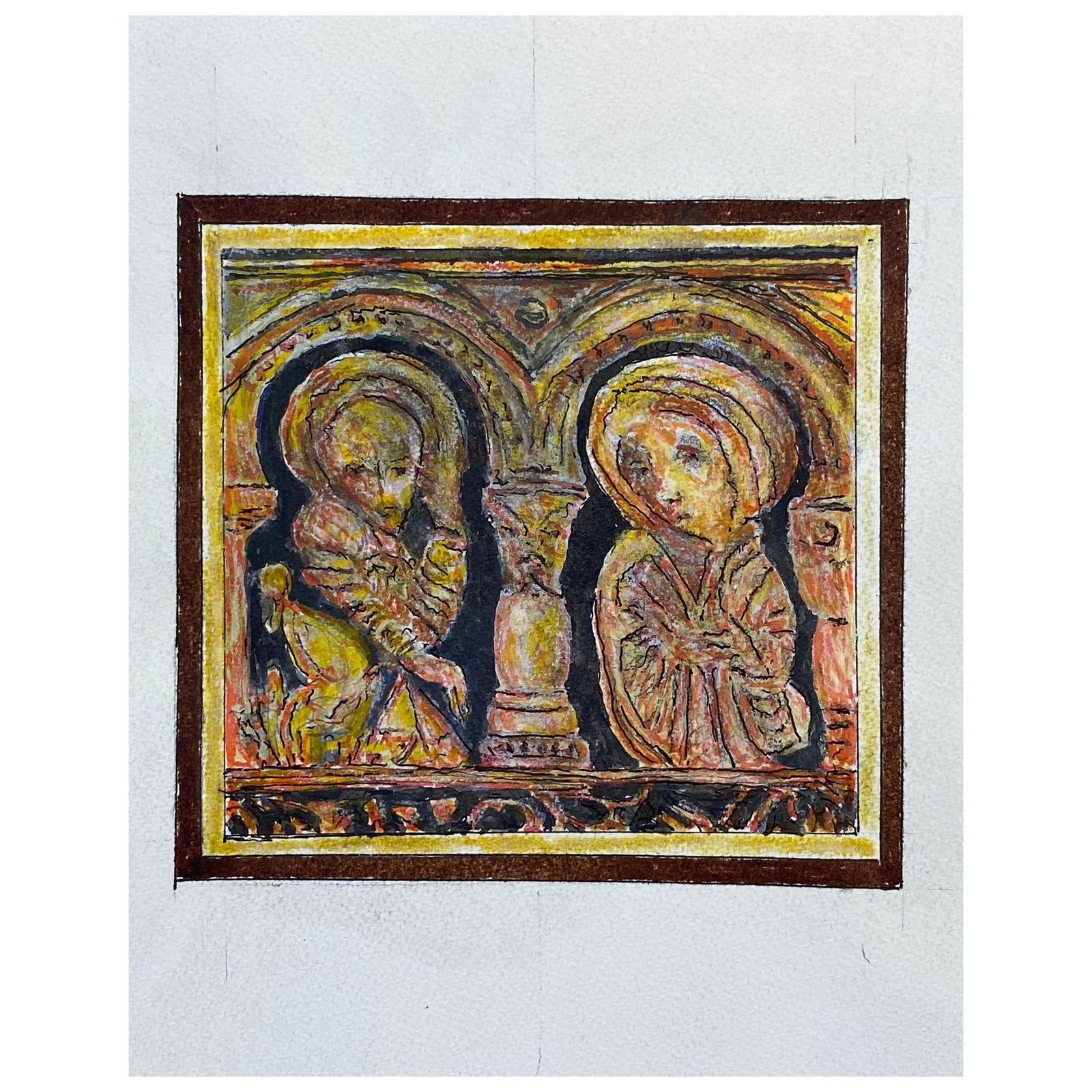 1950's French Modernist / Cubist Painting, Two Figures in Historic Landscape, 1950 - 7