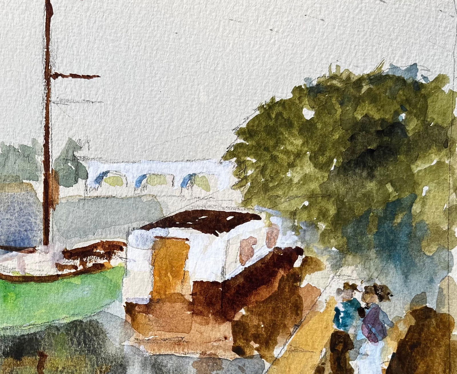 Anthony Herbert; Green Boat And River Thames Scene With Bridge And Houseboat Watercolour, 1988 - 18