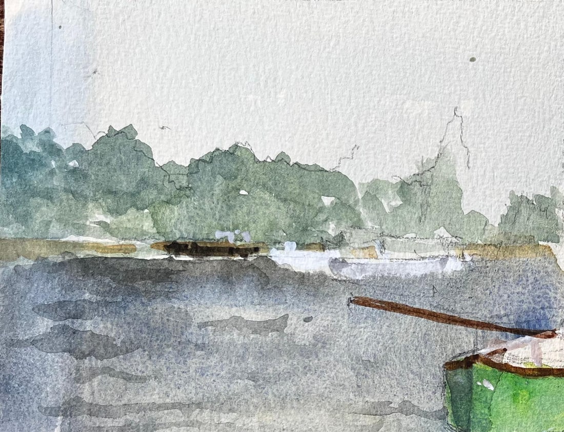 Anthony Herbert; Green Boat And River Thames Scene With Bridge And Houseboat Watercolour, 1988 - 20