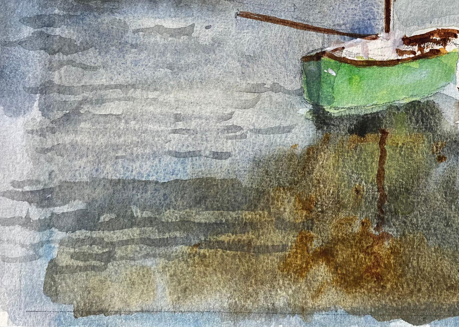 Anthony Herbert; Green Boat And River Thames Scene With Bridge And Houseboat Watercolour, 1988 - 3