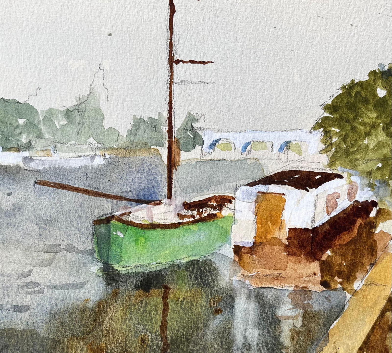Anthony Herbert; Green Boat And River Thames Scene With Bridge And Houseboat Watercolour, 1988 - 5