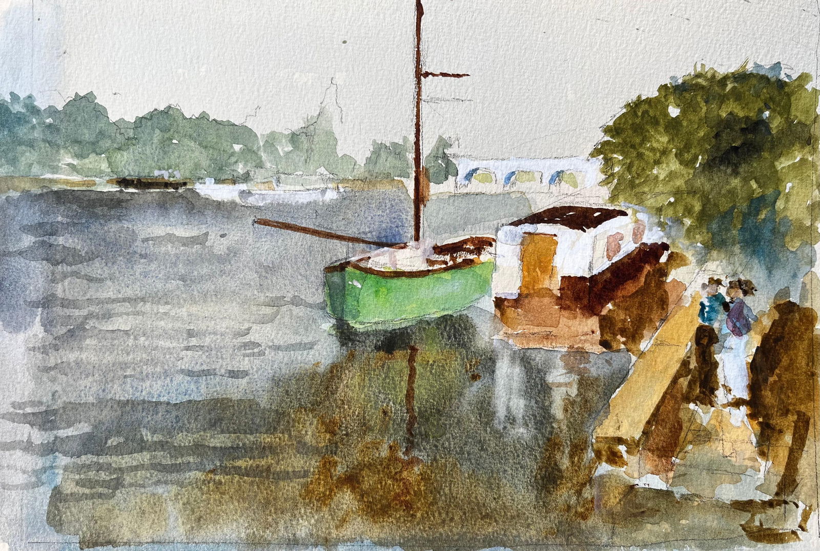 Anthony Herbert; Green Boat And River Thames Scene With Bridge And Houseboat Watercolour, 1988 - 7