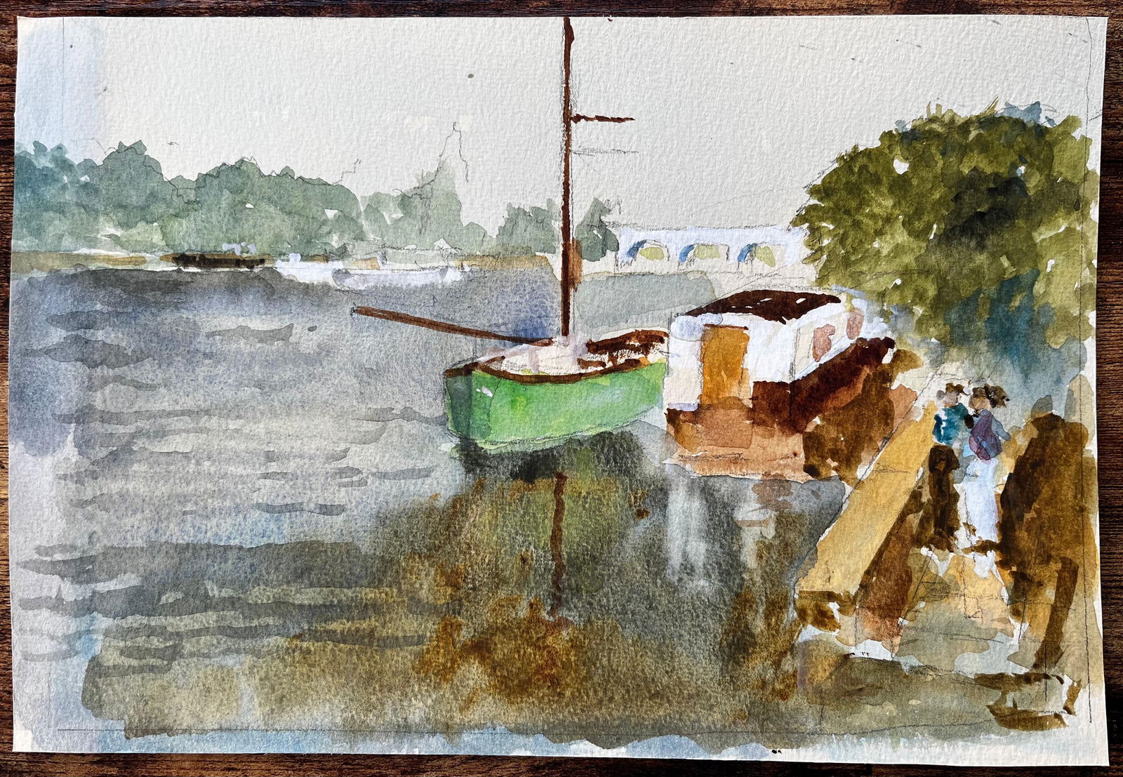 Anthony Herbert; Green Boat And River Thames Scene With Bridge And Houseboat Watercolour, 1988 - 8