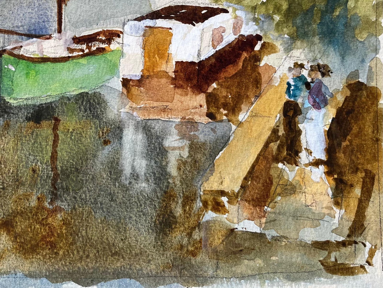 Anthony Herbert; Green Boat And River Thames Scene With Bridge And Houseboat Watercolour, 1988 - 9