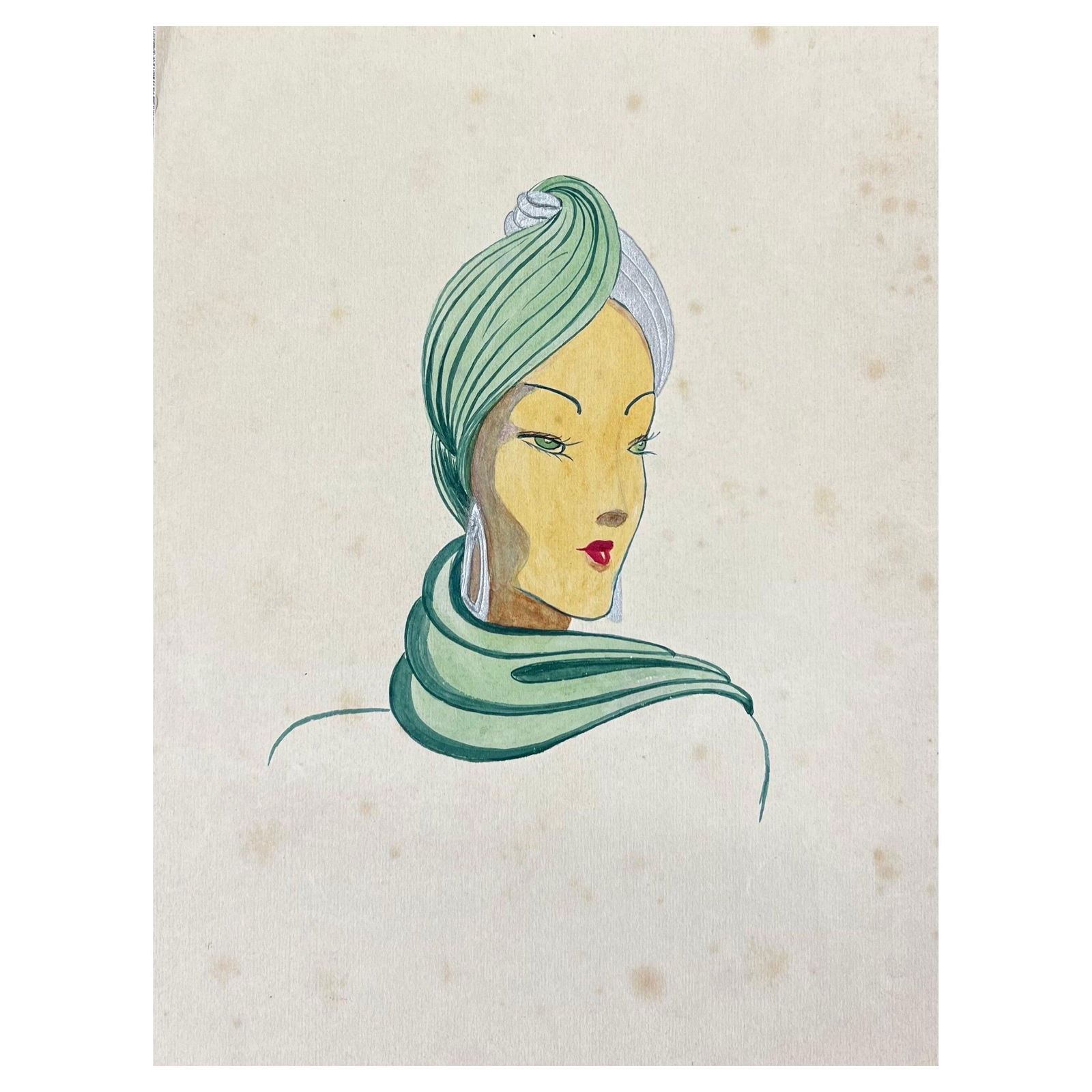 1940's Fashion Illustration, Lady in Beautiful Green Head Scarf, circa 1940s: Title: 1940's Fashion Illustration, Lady in Beautiful Green Head Scarf, circa 1940s Description: Very stylish, unique and original 1940's fashion design by French illustrator Geneviève Thomas. Th