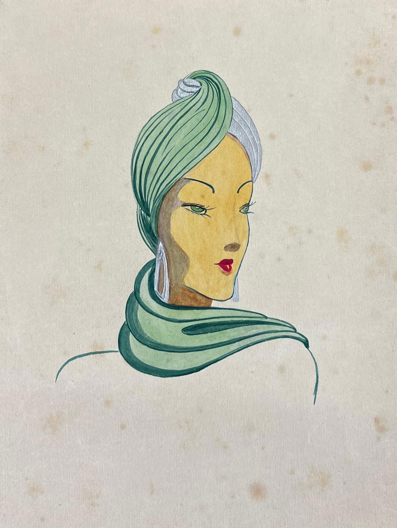 1940's Fashion Illustration, Lady in Beautiful Green Head Scarf, circa 1940s - 2