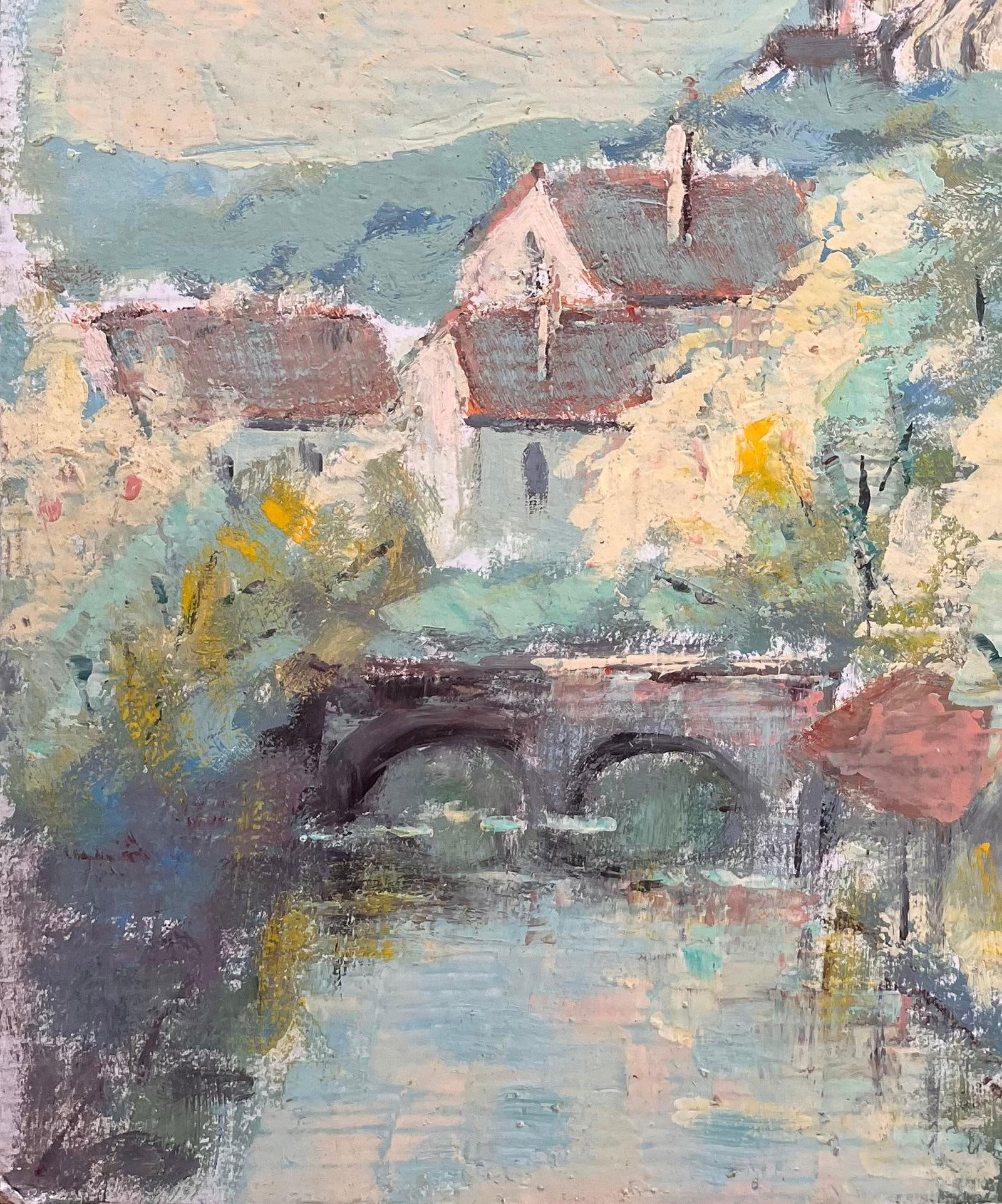 Fanch Lel; Impressionist View of Hilltop Cathedral and Bridge and Riverside Village - 8